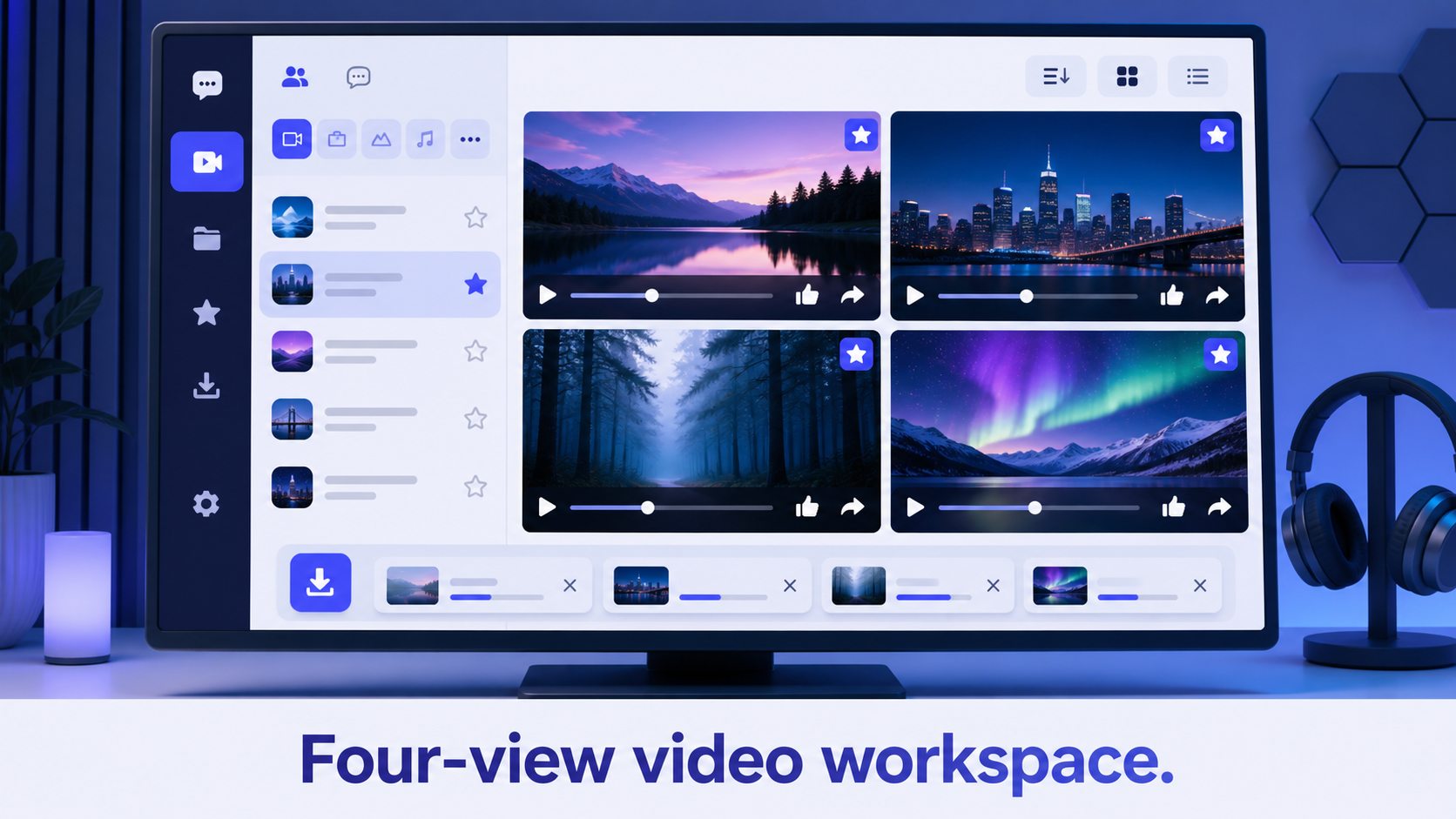 Ilustración conceptual de un espacio de trabajo multimedia que contiene cuatro ventanas de vista previa de vídeo, controles de recopilación, clasificación y clasificación, con subtítulos en inglés Four-view video workspace.