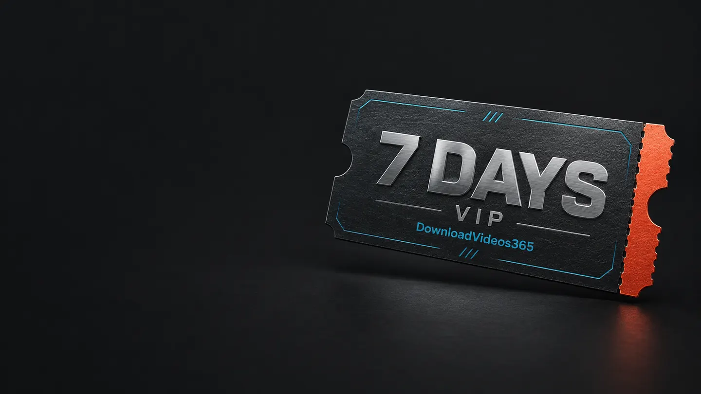 Illustration of a DownloadVideos365 7-day VIP promotional voucher with a graphite face and orange stub