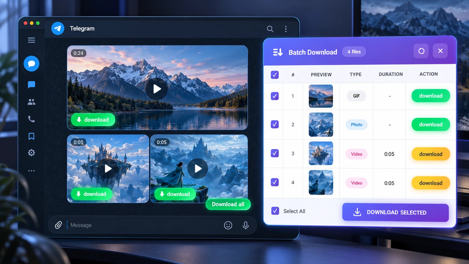 Extension illustration based on real screenshots: green download buttons on Telegram media and a batch download panel with a purple header and white file list